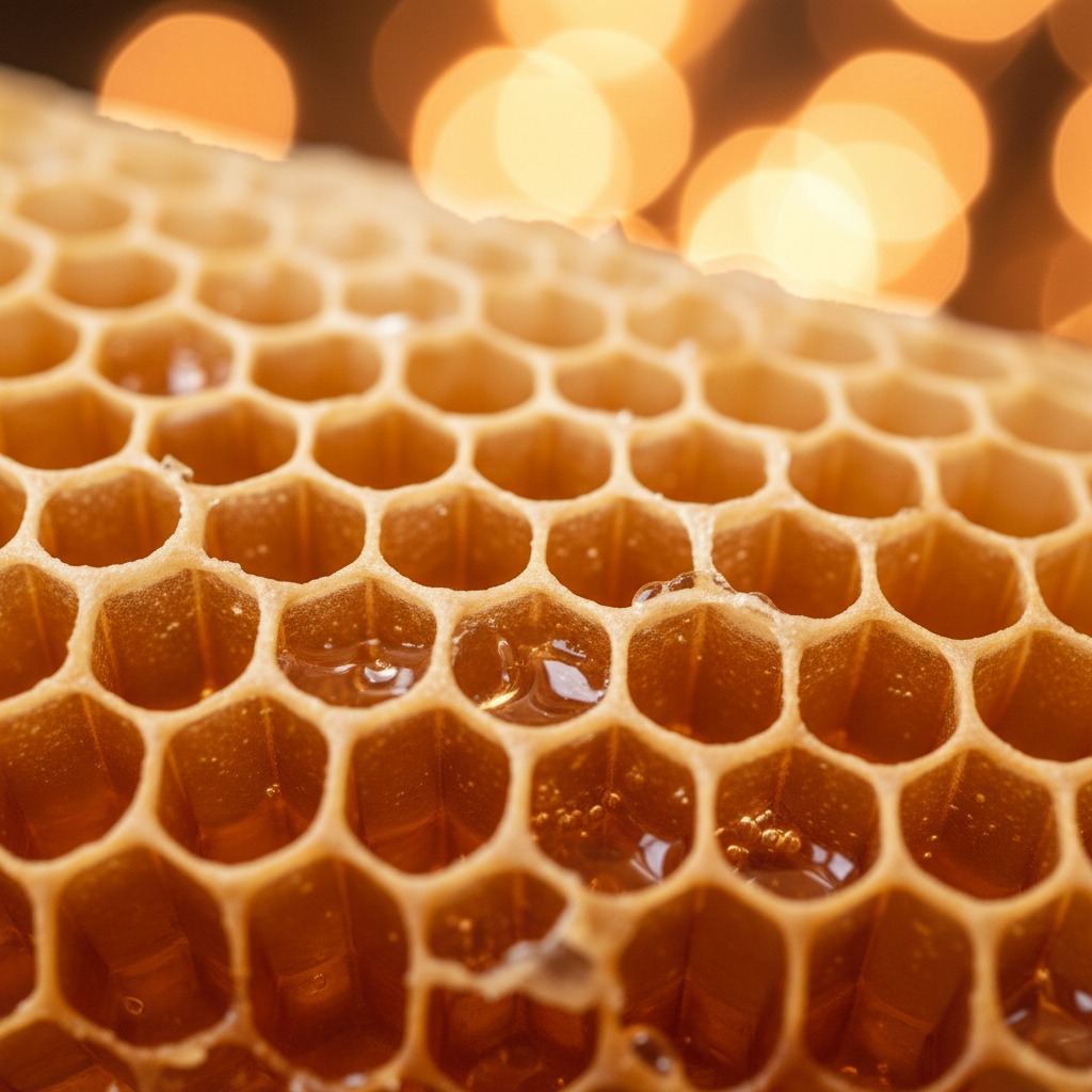 Close-up of a golden honeycomb filled with fresh, glistening honey against a blurred background of warm lights.
